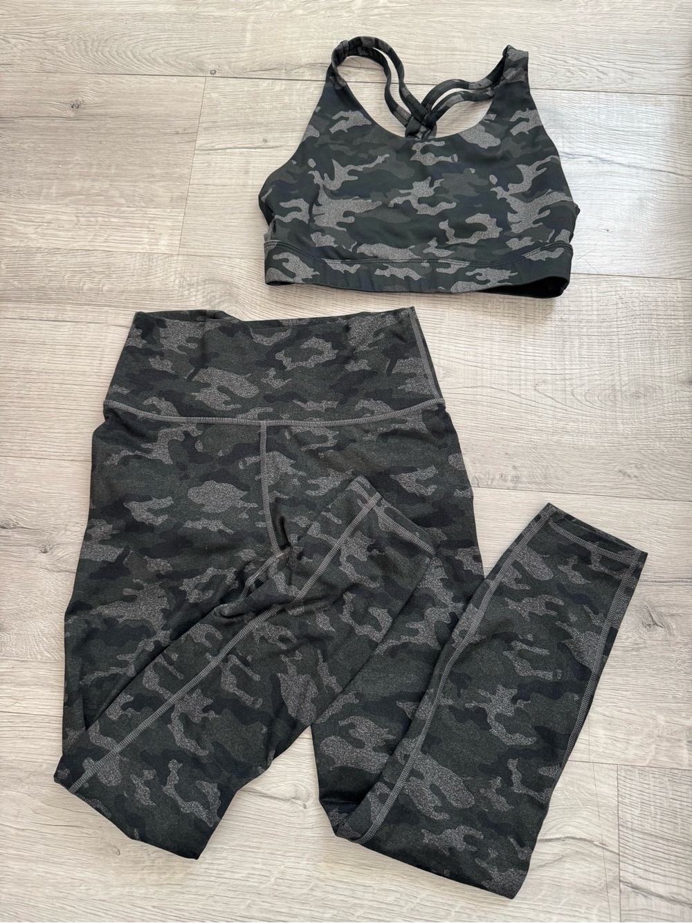 Fabletics Black & Gray Camo High-Rise Leggings with Matching Sports Bra